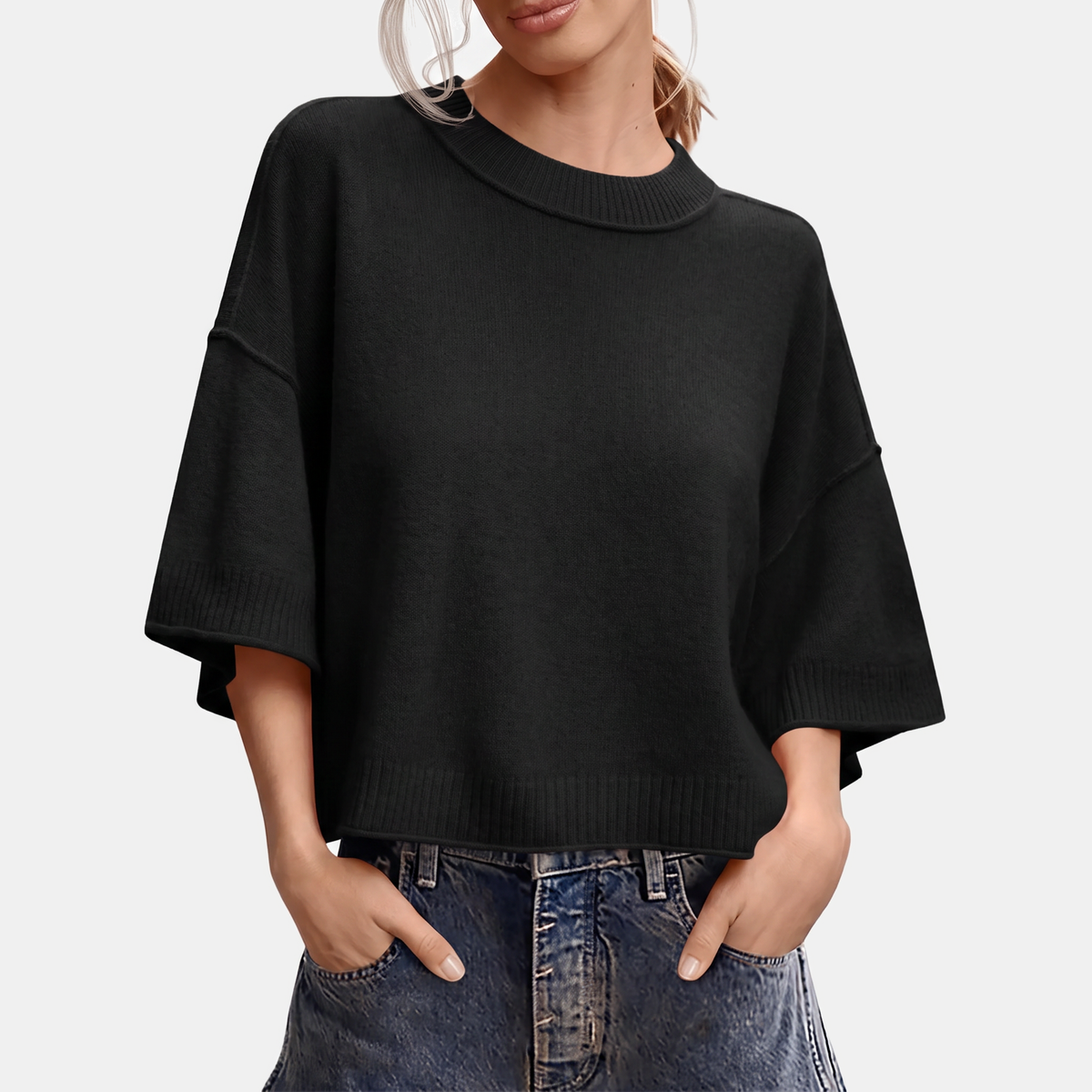 Women's Oversized Cropped Short Sleeve Sweater Top