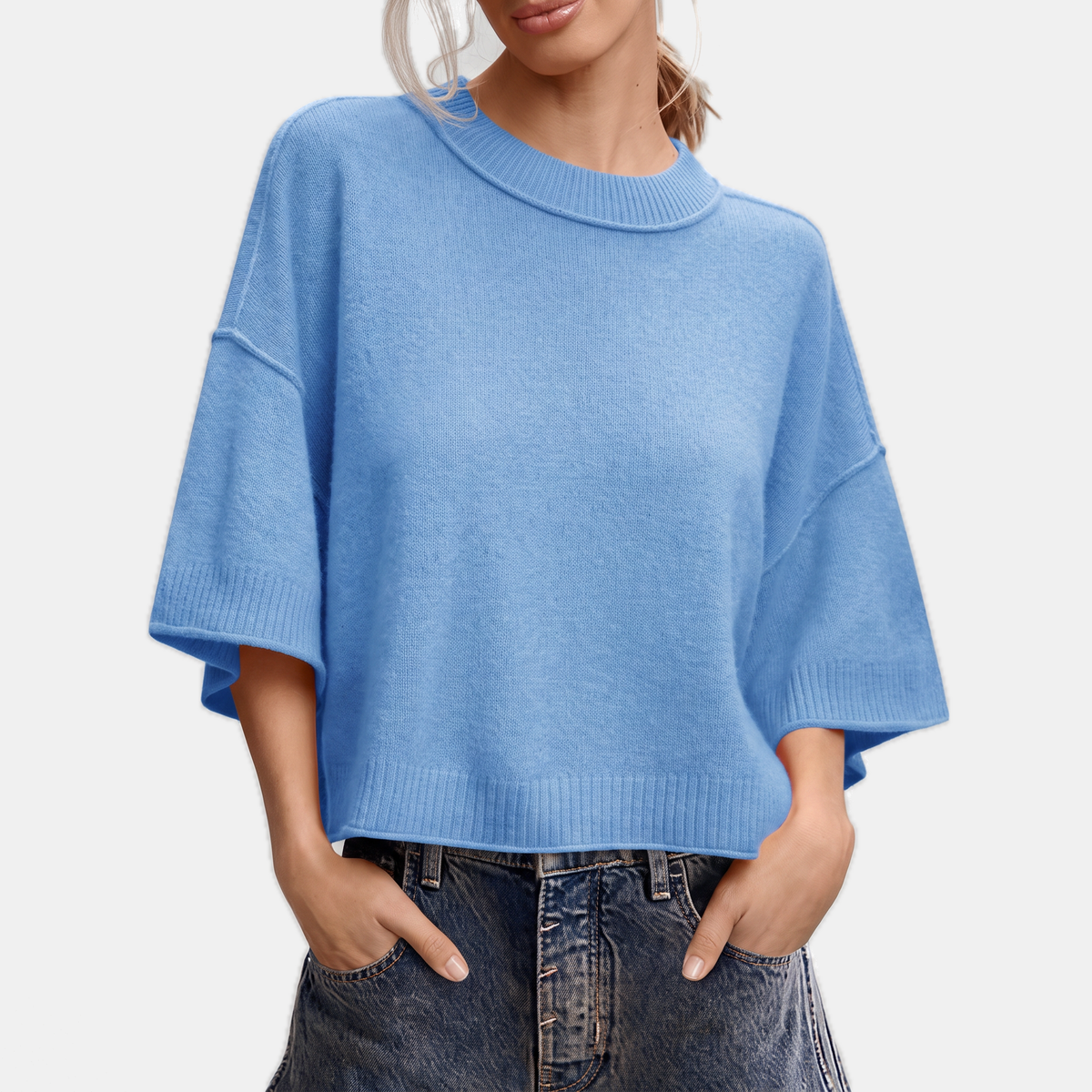 Women's Oversized Cropped Short Sleeve Sweater Top