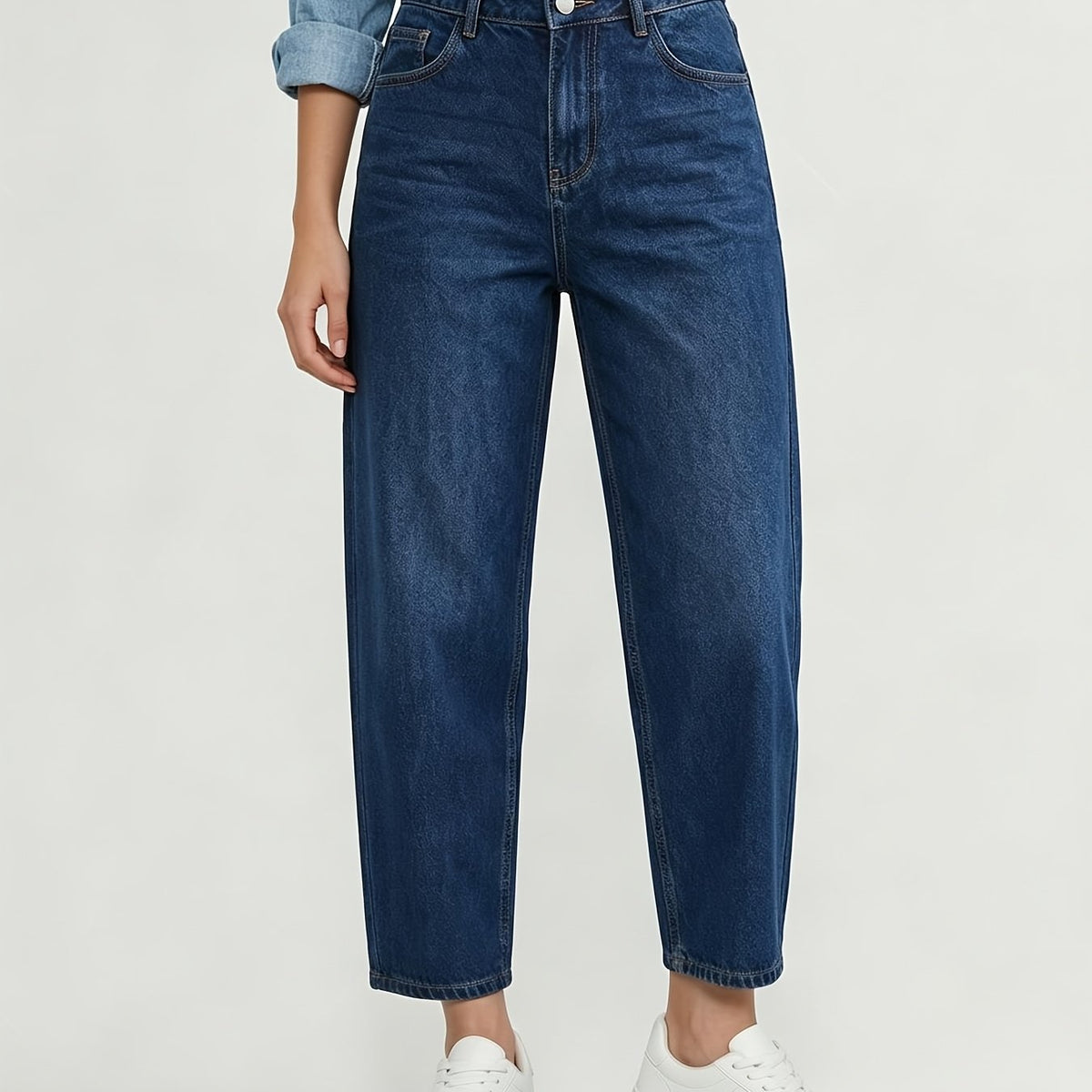 Effortless Deep Blue Relaxed Mom Jeans for Women with High Waist Barrel Leg Tapered Ankle