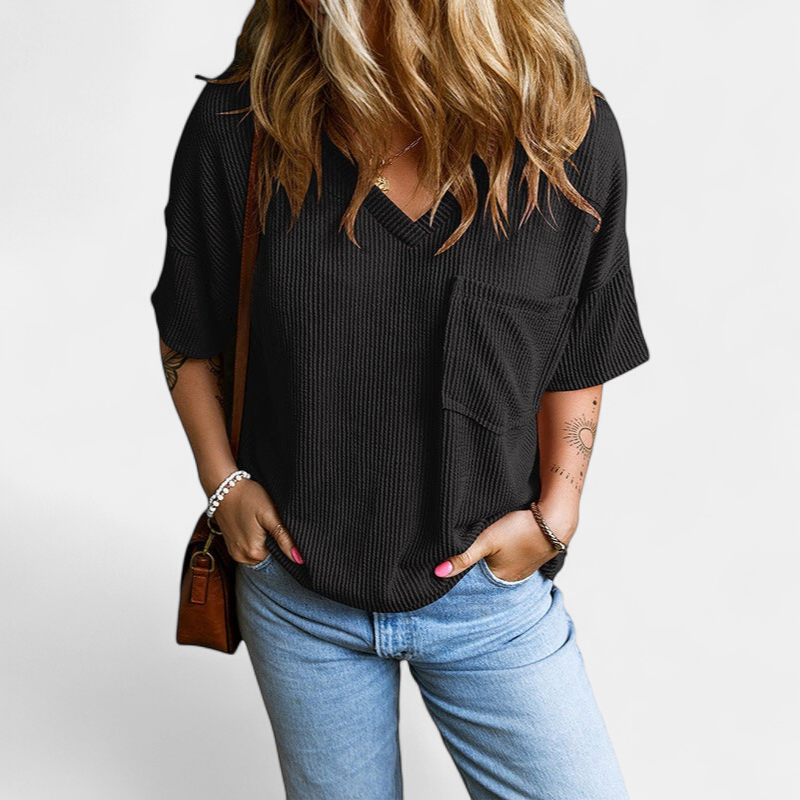 JANELLE | Casual Textured Pocket V-Neck Tee