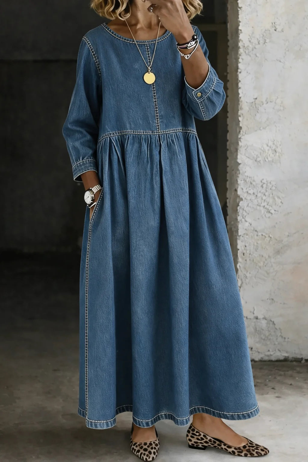 Melissa | Round Neck Long Sleeve Denim Dress