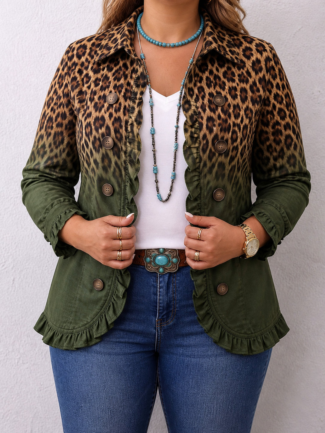 Leopard Ombre Ruffle Trim Blazer
