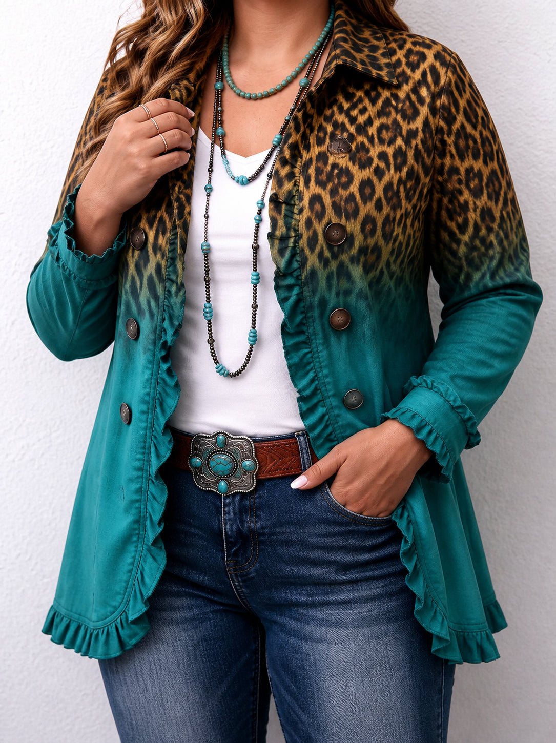 Leopard Ombre Ruffle Trim Blazer