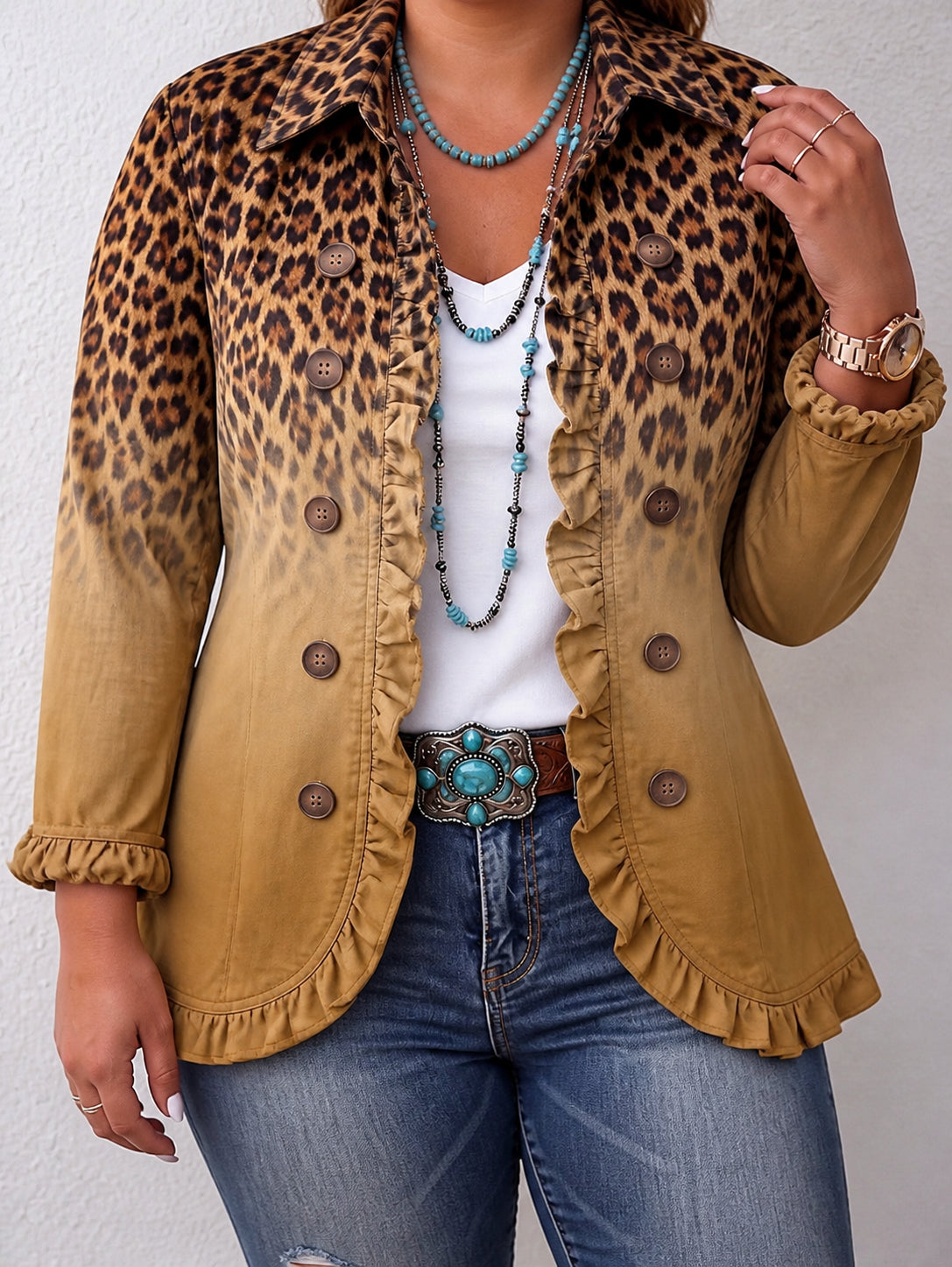 Leopard Ombre Ruffle Trim Blazer