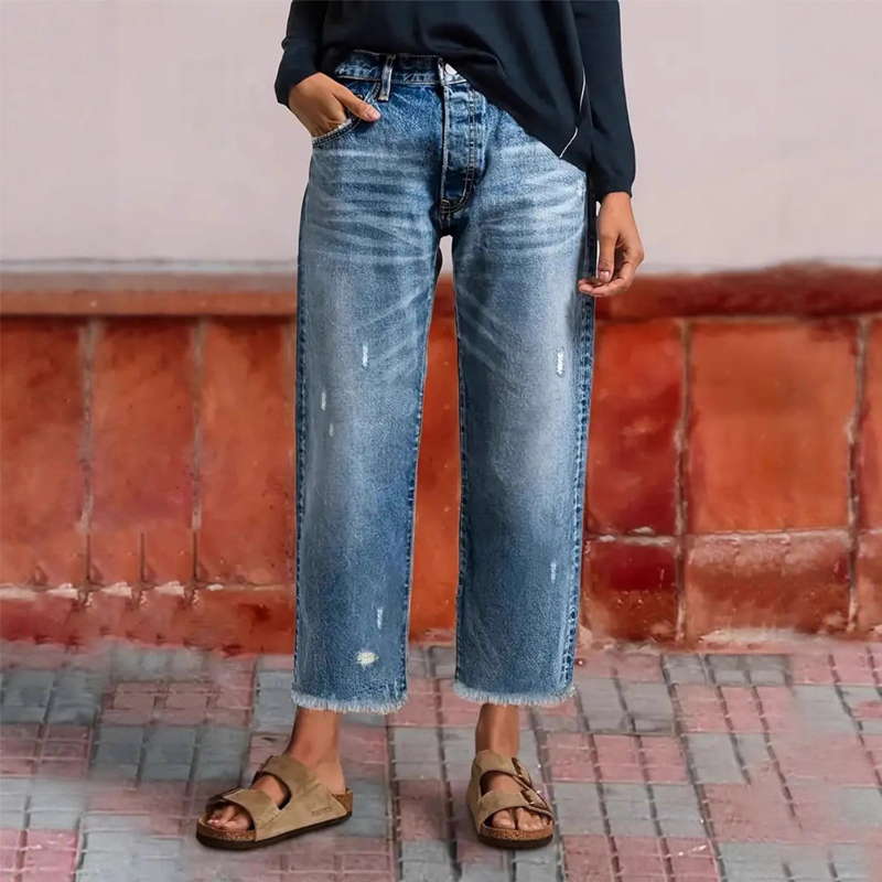 Effortless Blue Distressed Mom Jeans for Women with High Waist Frayed Hem Relaxed Style