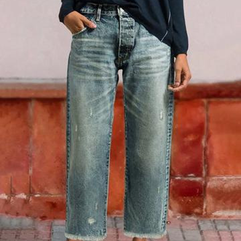 Effortless Blue Distressed Mom Jeans for Women with High Waist Frayed Hem Relaxed Style