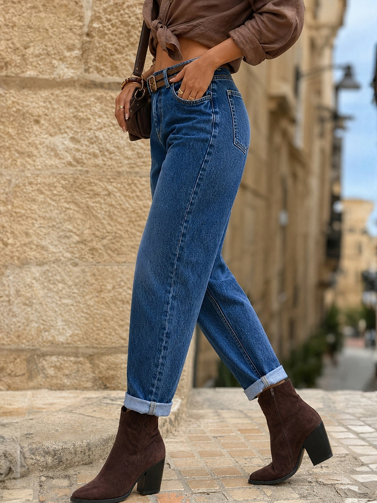 Effortless Deep Blue Relaxed Mom Jeans for Women with High Waist Cuffed Straight Leg